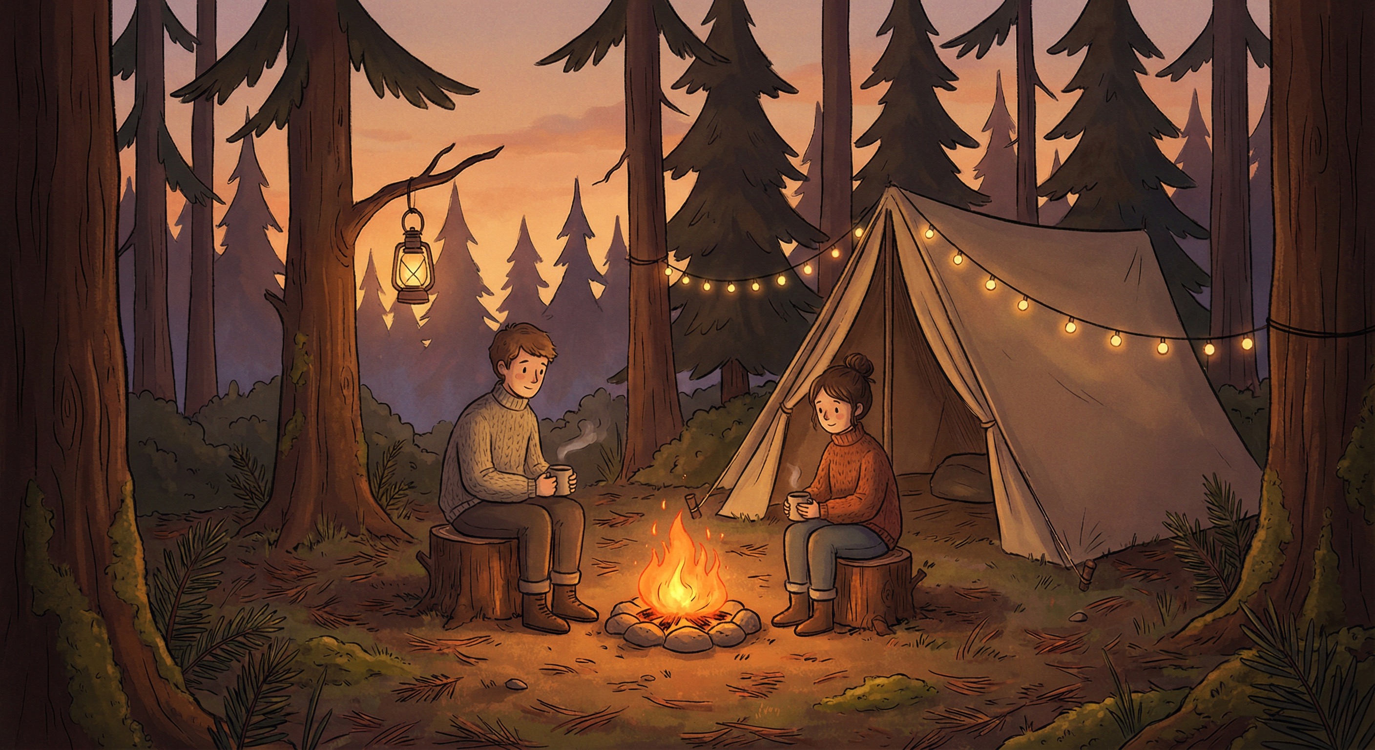 A small forest with two people camping by a little campfire